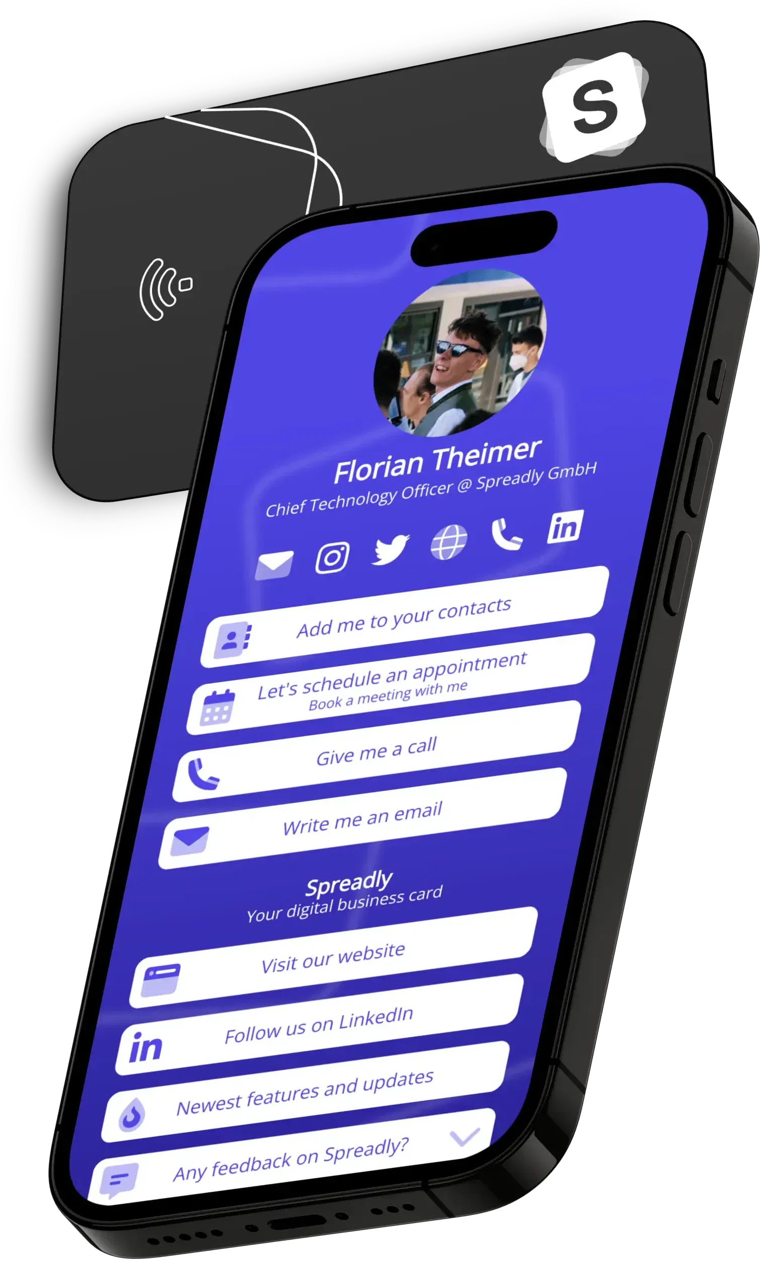 Digitális névjegykártya egy iPhone-on egy NFC kártyával a Spreadly segítségével